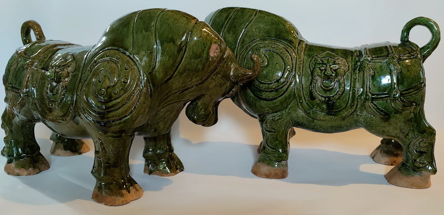 Pair of Qing Dynasty Green Glazed Oxen