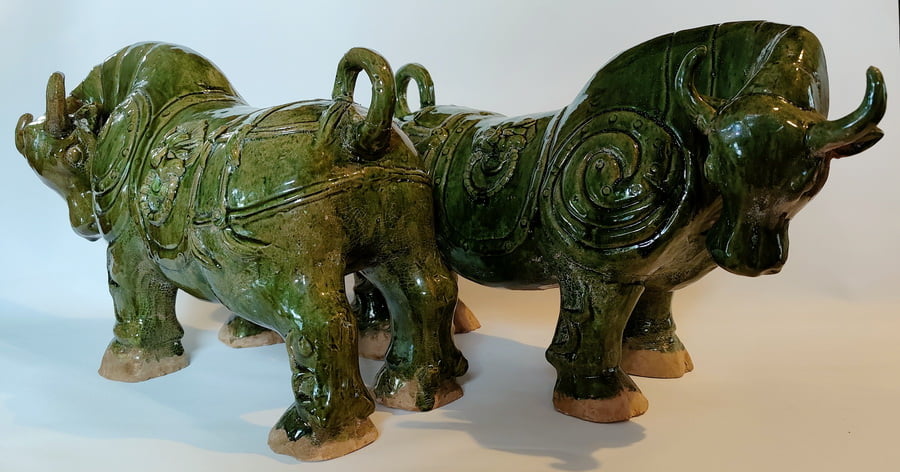 Pair Qing Dynasty Green Glazed Oxen