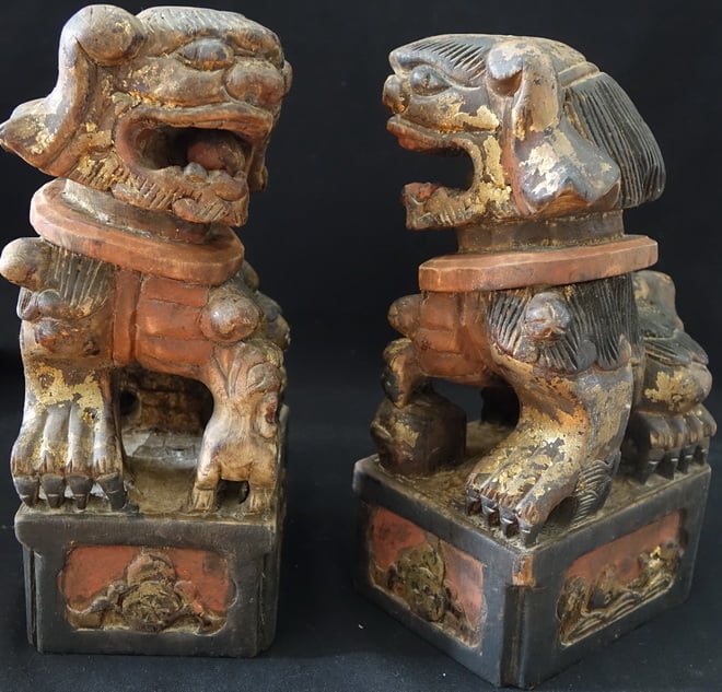 Antique Pair Chinese Carved Wooden Foo Dogs